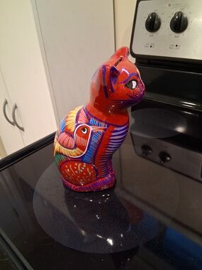 Vinage Hand-Painted Ceramic Cat Figurine in Bright Red with Multicolor Accents,